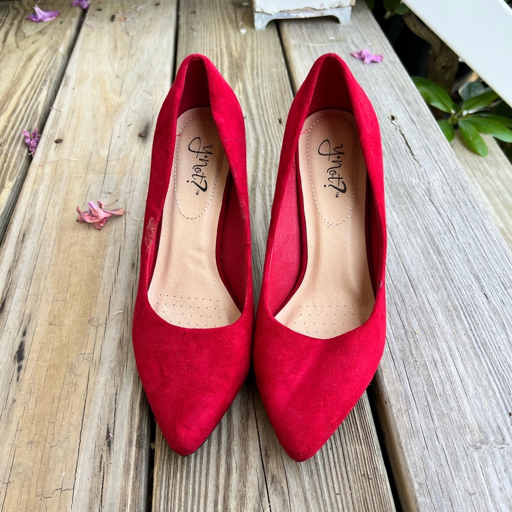 Red suede heels by Y not, size 6.5